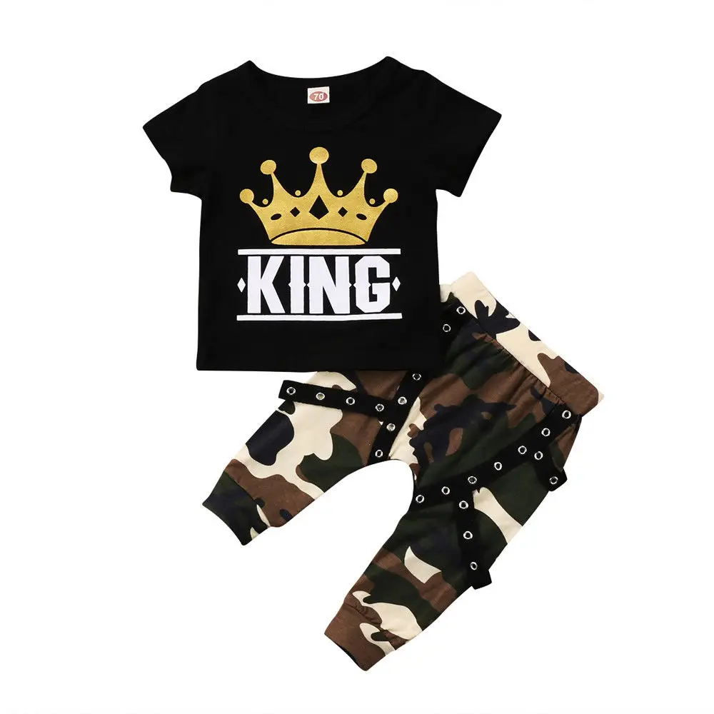 2PCS Toddler Baby Boy Clothes King Short Sleeve Black T-Shirt +Camo Pants Outfits Set