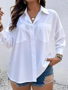 Plus Size Women's Basic Solid Color Button Front Collared Shirt, Loose Fit Casual Long Sleeve Blouse with Pockets, Versatile Commuter Wear