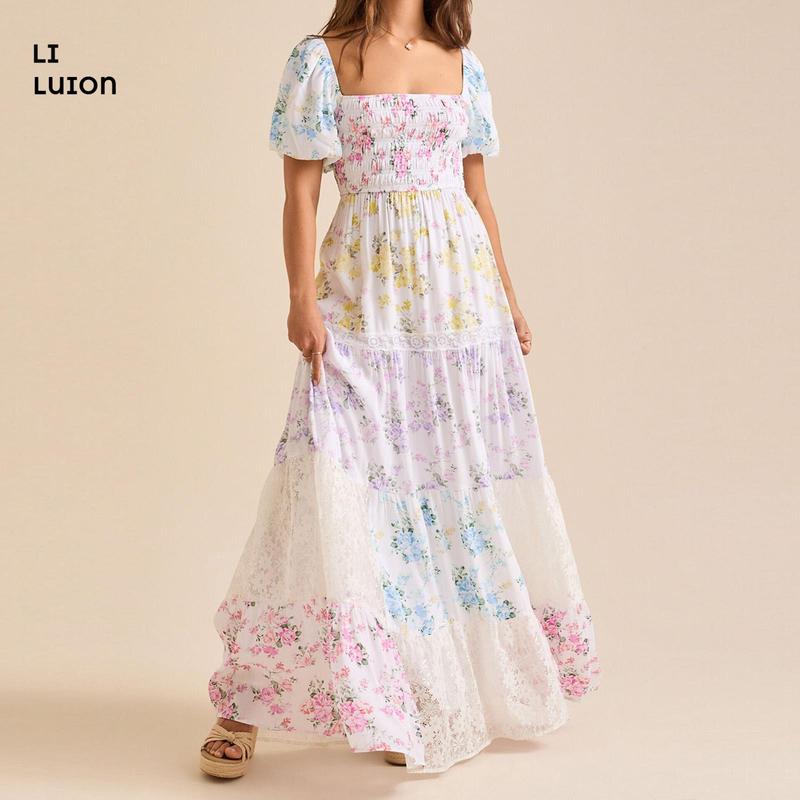 Women Summer Beautiful Colorful Floral Print  A-line Dress Casual Ruffled Hem Short Sleeve Party Dress For Cocktail Streetwear Elegant Fashion Beach Womenswear