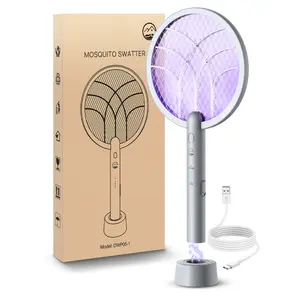 Electric Fly Swatter Racket with Base, 2 in 1 Mosquito Bug Zapper 4000V Handheld Mosquito Killer with 1800mAh Rechargeable Battery, Blue Light and 3-Layer Safety Mesh for Indoor Outdoor Home Patio Camp