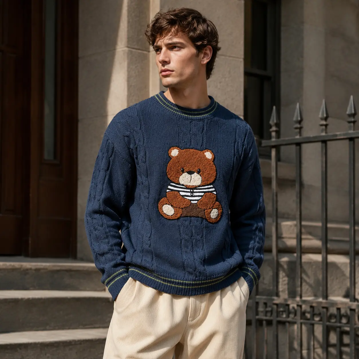 Men's Fuzzy Oversized Cable Knit Longsleeve Crew Neck Sweater - Striped Trim, Teddy Bear Patch, Stylish Casual Loose Kawaii Style for Fall Winter Menswear, Chic Fashion, Thanksgiving, New Year, Longsleeves