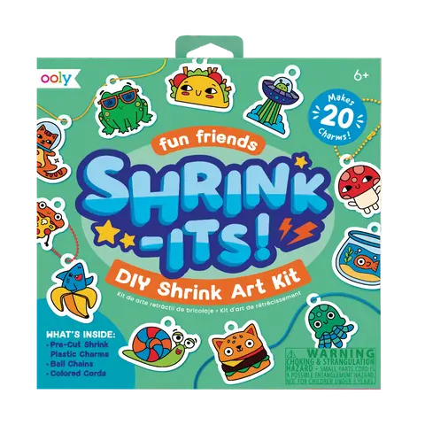 OOLY Shrink-its! Unisex DIY Complete Shrink Art Handicraft Kit with 5 Ball Chains & Cords - Colorful 20 Taco Snail Fish Charms, Diy with Charms, 6.8"x6.8" Backpack Decoration Afternoon Craft Activity