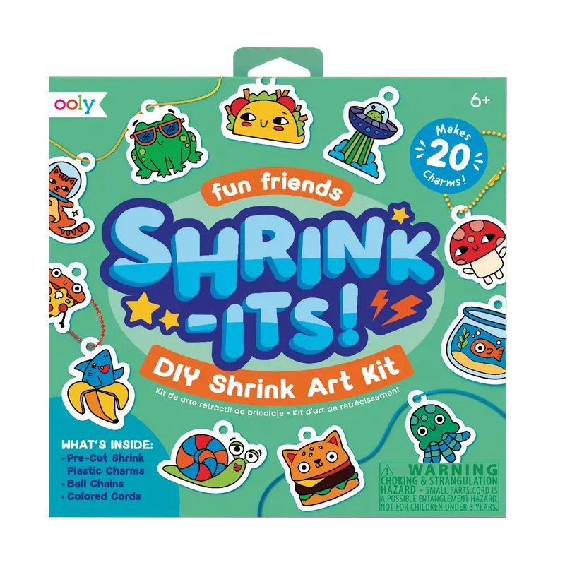 OOLY Shrink-its! Unisex DIY Complete Shrink Art Handicraft Kit with 5 Ball Chains & Cords - Colorful 20 Taco Snail Fish Charms, Diy with Charms, 6.8"x6.8" Backpack Decoration Afternoon Craft Activity