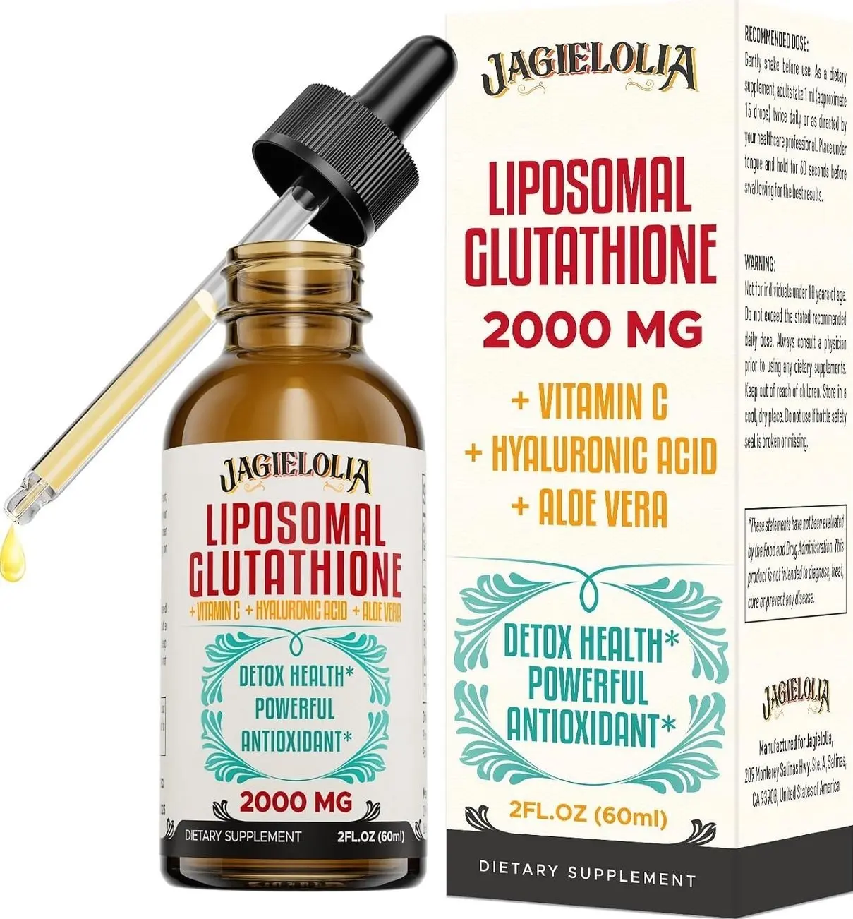 Jagielolia 2000MG Liposomal Glutathione Liquid, Made in The USA, Reduced Glutathione Supplement, Enhanced Absorption, Non-GMO, Powerful Antioxidant for Immune System, Energy, Aging Defense, 2 Floz