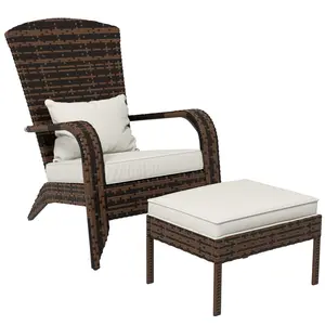 Wicker Adirondack Chair with Ottoman – White. Handwoven PE Rattan + Powder-Coated Steel Frame. Soft Padded Cushions (Removable Covers). 264 lbs Cap