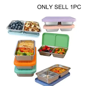 15 Oz Stainless Steel Snack Containers, Reusable Metal Snack Containers with Silicone Lids, 2 Compartment Stackable Lunch Box