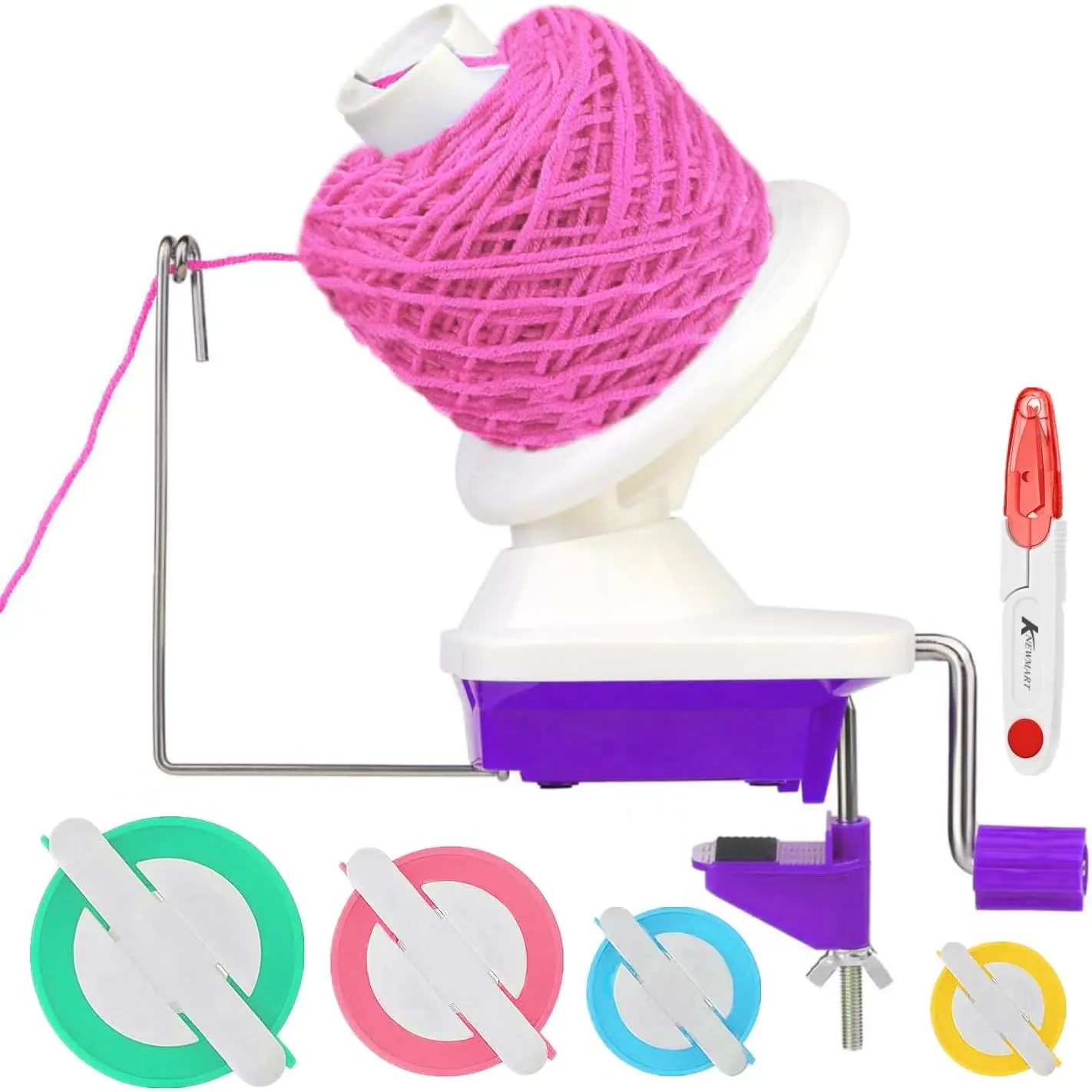 Yarn Ball Winder, Weaving Ball WinderNeedle Craft Yarn Ball Winder,The Helper for Knitting Enthusiast,Sturdy with Metal Handle and Tabletop Clamp, with 4 Size Pom Pom Makers+1PS