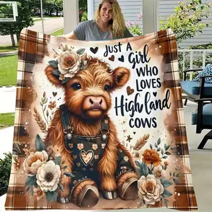 Just a Girl Who Loves Highland Cows Flannel Blanket, Ultra-Soft Plush Throw with Cute Cow & Floral Print, Cozy Warm Fleece Blanket for Couch Bed Sofa, Perfect Farmhouse Decor & Gift for Girls, All-Season Comfort