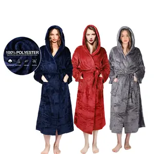 Women's Hooded Long Fleece Fluffy Bathobe