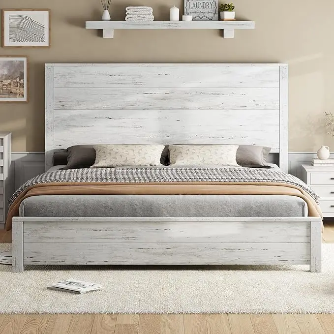 AMERLIFE 51.2" Wood Bed Frame, Rustic Platform Bed with Spliced Headboard, Wood Slats Support/Noiseless/No Box Spring Needed Stable Bedroom Furniture Farmhouse Bed