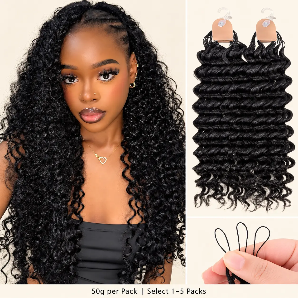 Pre-Looped Burmese Curly Bundles Crochet Human Hair 50g per Pack Deep Wave Human Hair Extensions with Thread Loop Design for Crochet Braids, Kinky Curly Extension Hair Boho Hairstyles and Natural Looking Volume, Soft Curly Hair, Available in 1-5 Pack