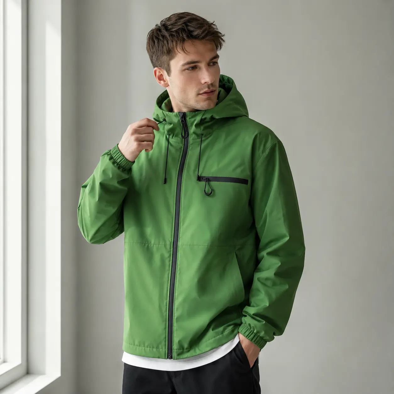 Spring Autumn Men Lightweight Softshell Hooded Jacket, Windproof Water Resistant Oversize Windbreaker, Drawstring Adjustable Hood, Waterproof Zipper Chest & Side Pockets, Sporty Casual Long Sleeve Coat For Travel Campus Street Daily Outfit