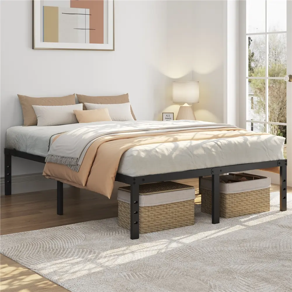 Yaheetech Queen/Full Bed Frame with Storage Space, No Box Spring Needed, 14 Inches Powerful Storage Space, Sturdy Steel Slat Support, Black, Full Size Bed, Bed Frames For Queen