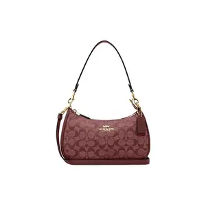 COACH Teri 25 Classic Jacquard Shoulder Bag with Leather Accents and Zipper Closure for Women in Burgundy