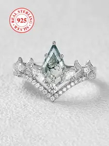 S925 Sterling Silver Ring Set, Artificial Zirconia Ring, Stackable Geometric Ring, Geometric Design Ring, Bridal Wedding Engagement Jewellery, Suitable for Daily Dating Wear Birthday Gift, Elegant Engagement Ring, Exquisite Trendy Ring