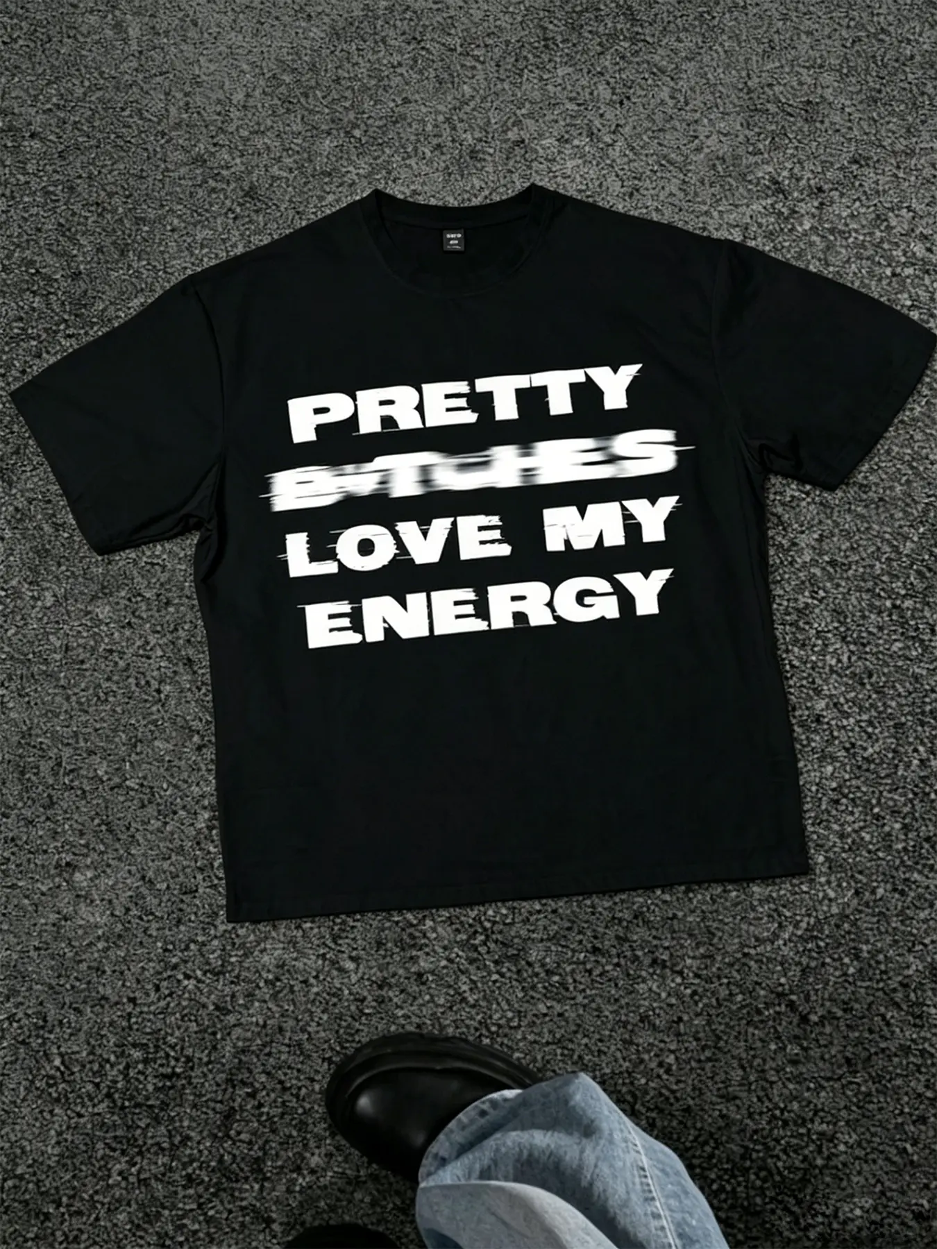 Pretty Btches Love My Energy Motion Blur Slogan Graphic Tee | Edgy Hip Hop Streetwear T-Shirt