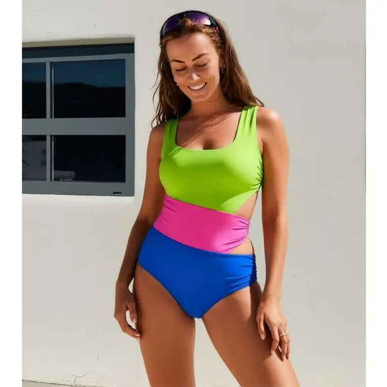 Women's 2-Piece Tankini Swimsuits - Neon Color Block, Cutout Design, Tummy Control, Slim Fit Swimwear for Beach, Pool Vacation