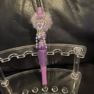 Fancy purple beaded fuzzy pen acrylic beads purple rhinestone pen wrap plastic body