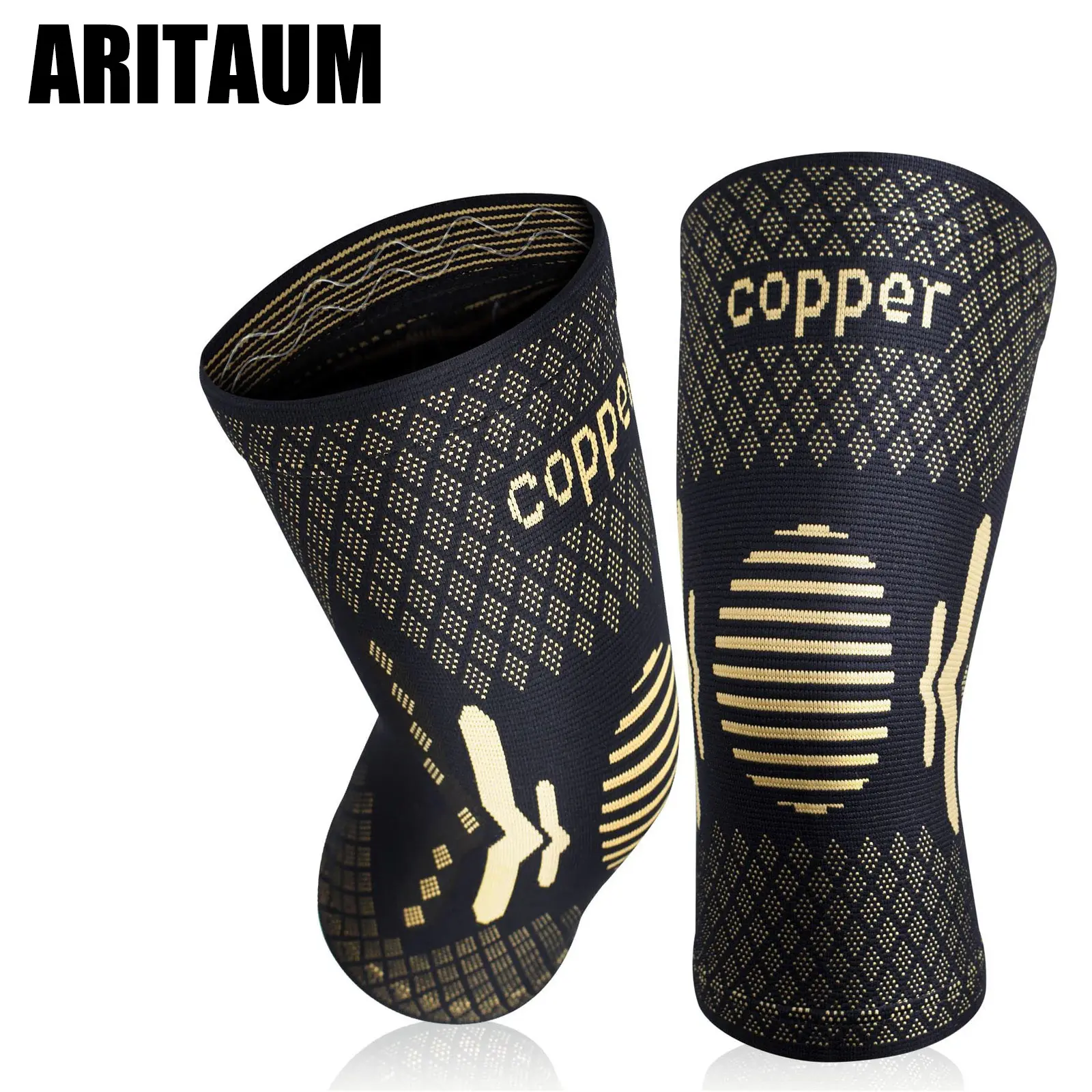 Copper Ion Knee Compression Sleeve - Polyester, Double-Side Stabilizers, Breathable Compression Wrap for Adult Athletics, Basketball, Brass