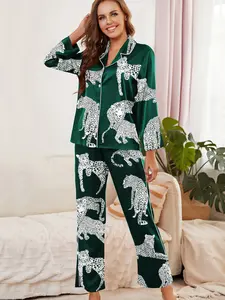 Womens Silk Pajamas for Women Long Sleeve Button Down Animal Print Cute Pjs Set Two Piece Satin Leopard Pajama Set Sleepwear