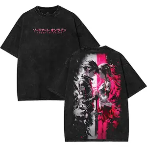 Kirito x Asuna Loving Washed Tee, SAO Sword Art Online Vintage acid Washed T-Shirt, Unisex Cotton Crew Neck Anime Streetwear for Fans, Casual Graphic Tee Shirt