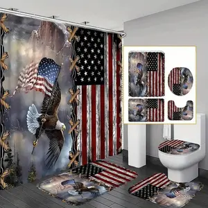 1/4pcs American Flag Pattern Bathroom Decor Set, 4 Countsset Including Shower Curtain & Toilet U-shape Mat & Bathroom Mat & Toilet Lid Cover, Bathroom Accessories, Bathroom Decoration Accessories, Shower Curtain Sets