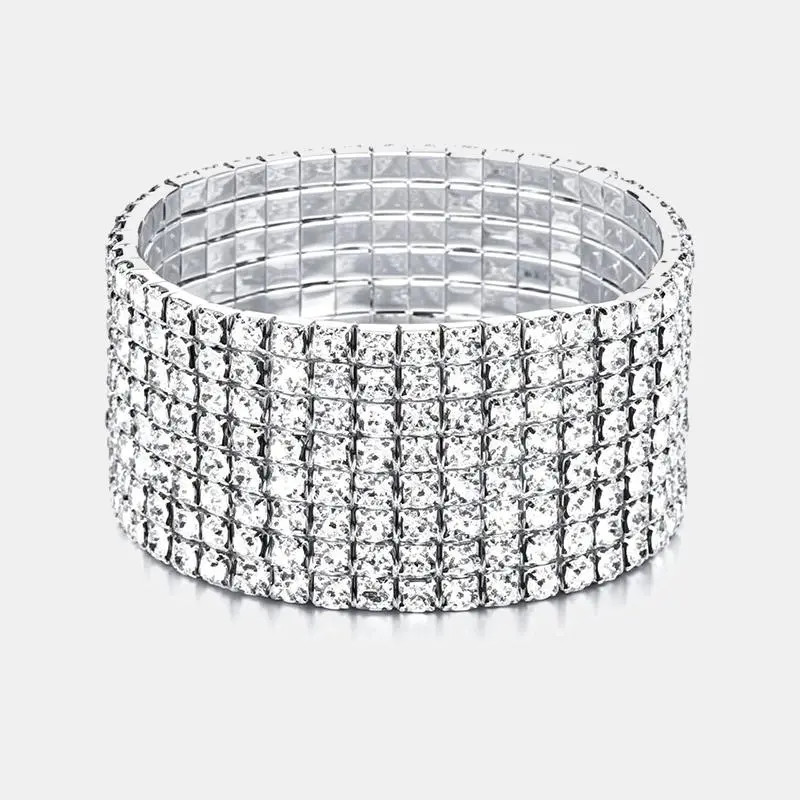 Classic Multiple Shining Rhinestone Crystal Stretch For Women Girls Bridal Wedding Wristband Elastic Bracelet Gold Silver Color