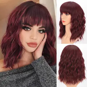 ALXNAN Curly Bob Wig with Bangs Short Wavy Black Color Wigs for Women Bob Style Synthetic Heat Resistant Bob Wigs