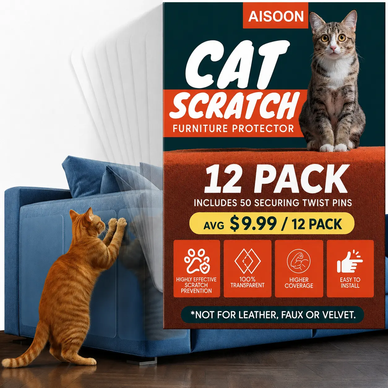 AISOON 60 Pcs Cat Scratch Furniture Protector Single Side Couch Protector for Cats, Self-Adhesive Cat Tape for Furniture,Cat Scratch Deterrent for Furniture