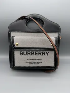 Pre-owned BURBERRY Twill & Leather Tote Bags Mini Freya Tote – Horseferry Canvas (Black/White with leather trim)