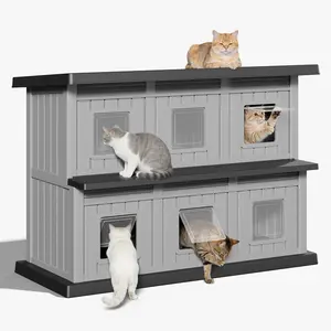 Multi-Level Outdoor Cat Apartment House, Weatherproof Shelter with Slanted Roof, Balcony & 6 Flip-Up Doors for Indoor/Outdoor Use