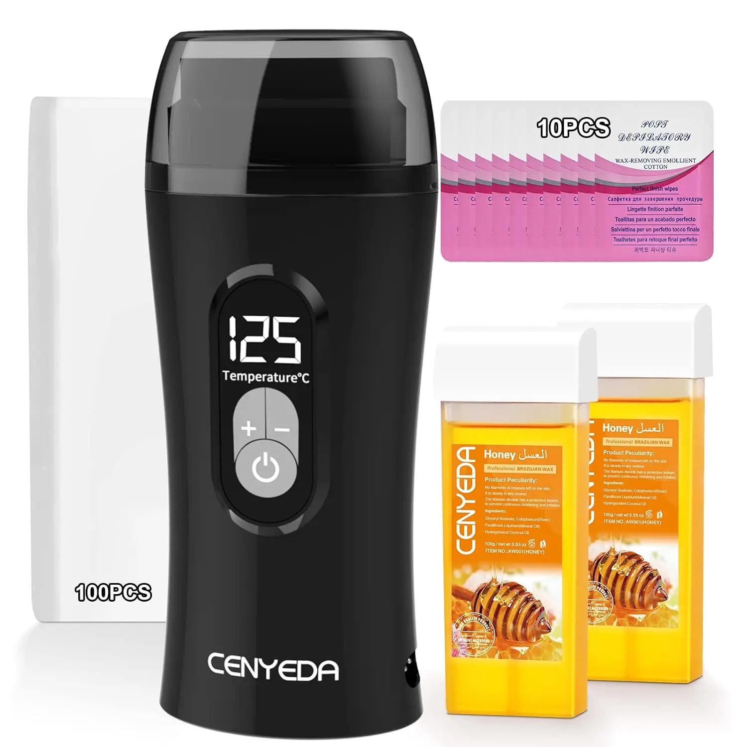 Women's Digital Roll-On Honey Hair Removal Kit - Warmer with 2 Cartridges, 100 Strips