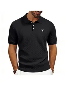 Men's Textured Polo Shirt Summer Herringbone Jacquard Lapel Business Casual Short Sleeve T-shirt