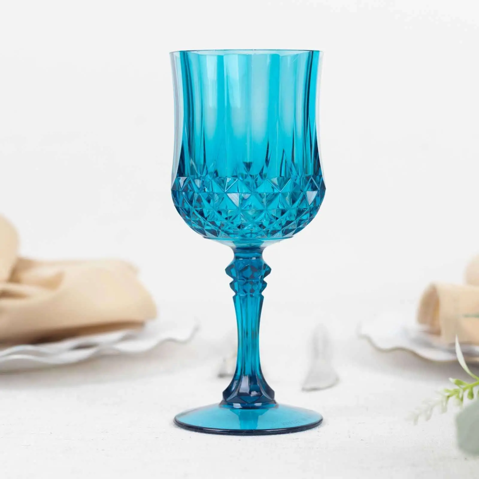 Stylish Drinkware 6-Pack 8oz Ocean Blue Transparent Plastic Crystal Cut Shatterproof Wine Glasses - Kitchenware for Party, Birthday, Wedding