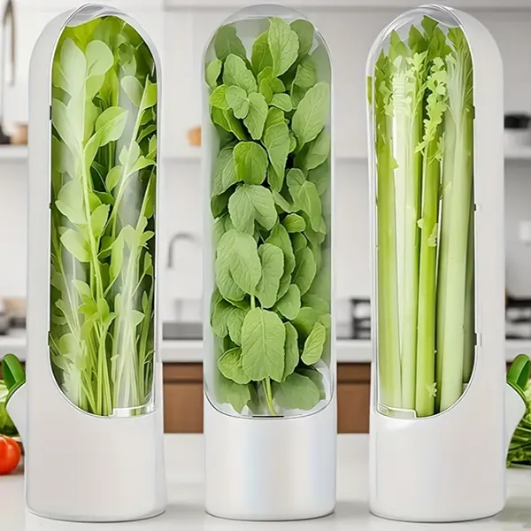 3-Pack PET Flip-Top Large-Capacity Refrigerator Storage Containers — Green Leaf Vegetable, Basil, Cilantro & Mint Storage Boxes for Asparagus; Airtight Food Storage Containers that Keep Fresh for Up to 2–3 Weeks; Kitchen Food Organization Containers