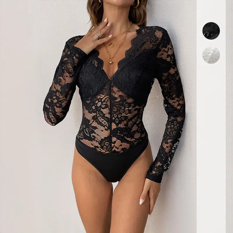 Elegant Black Lace Long Sleeve Bodysuit with V-Neck and Zipper Closure for Women
