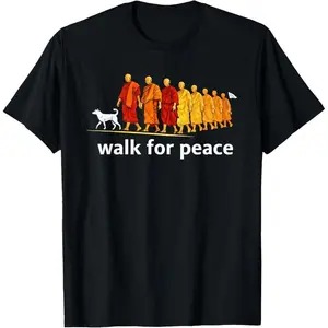 Retro Walk for Peace Monks with Aloka Dog Minimalist Zen Art T-Shirt jp01