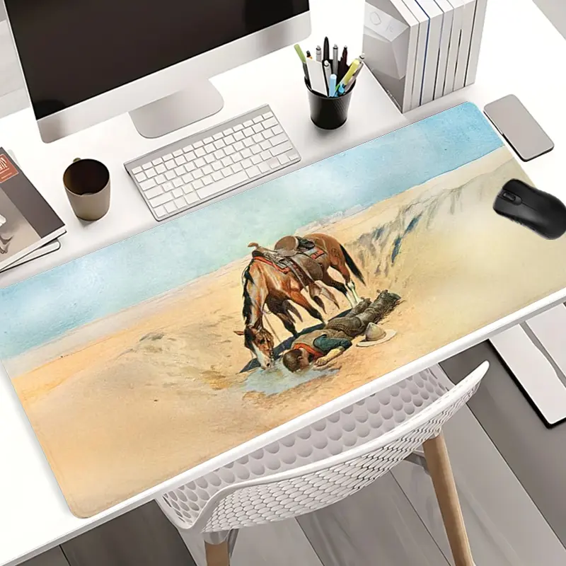 Western Desert Scene Mouse Pads Extra Large Computer Desk Top Mat, Non-Slip Rubber Base & Stitched Edge, Vintage Home/Office Accessory for Cowboy Culture Enthusiasts