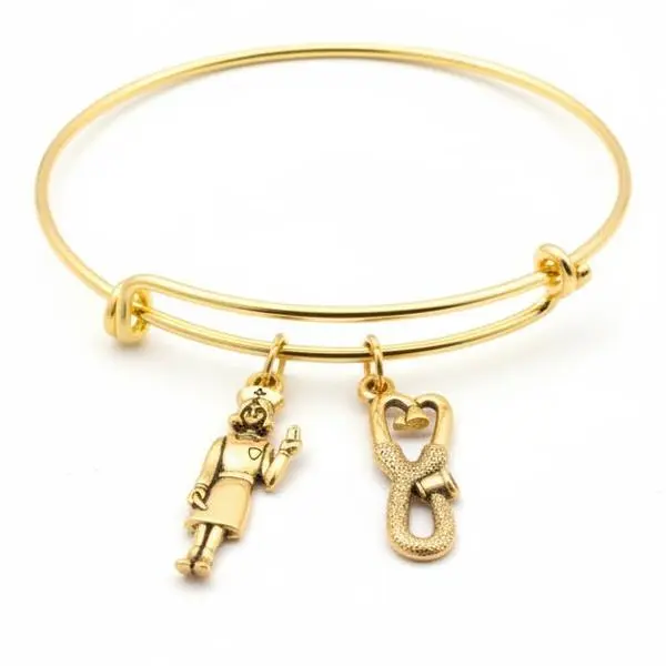 Gold Nurse Charm Bracelet – Expandable Bangle with Stethoscope & Nurse Charms – Appreciation Gift for RN, LPN, Healthcare Workers