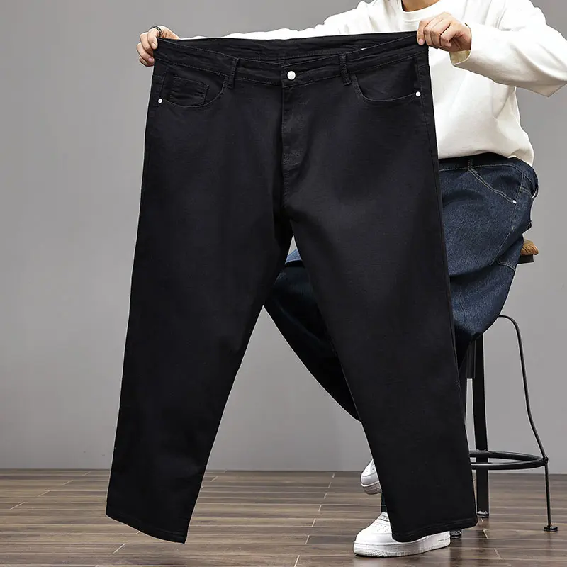 Men's Black Solid Color Jeans Plus Size Baggy Straight Leg High Waist Pants for Fat Men Menswear Trouser,clothes for back to school,first day of school outfits