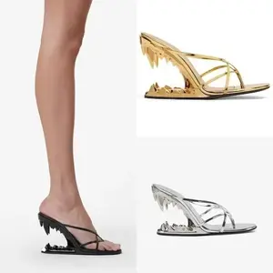 2026 Fashion Womens Heeled Sandals, Open Rounded Toe Wedge Heel Metallic Shark Teeth Design, Slip On Strappy Thong Mules Hollow Slide Sandals for Party Vacation Daily Wear Spring Summer