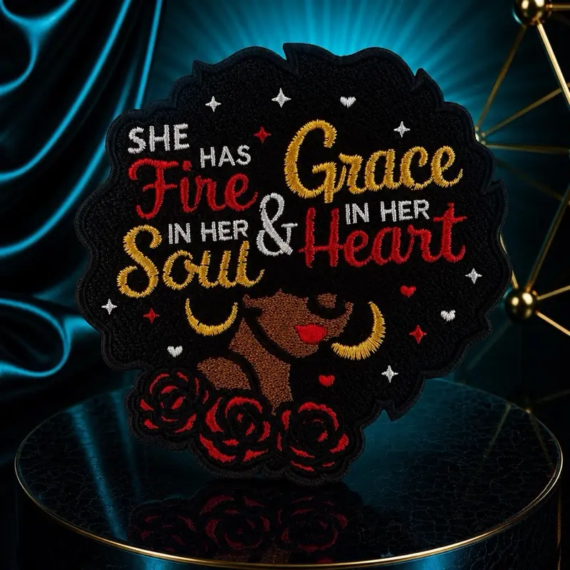 Chenille Iron-On Patch with "She Has Fire" Design