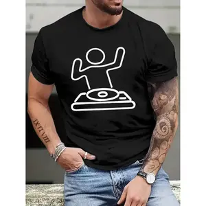 Men's cartoon DJ print round neck T-shirt, casual short sleeve top, summer daily wear men's clothing - gym session, for Adults, gym session, breathable comfort, modern graphic
