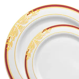 White with Burgundy and Gold Harmony Rim Plastic Dinnerware Value Set