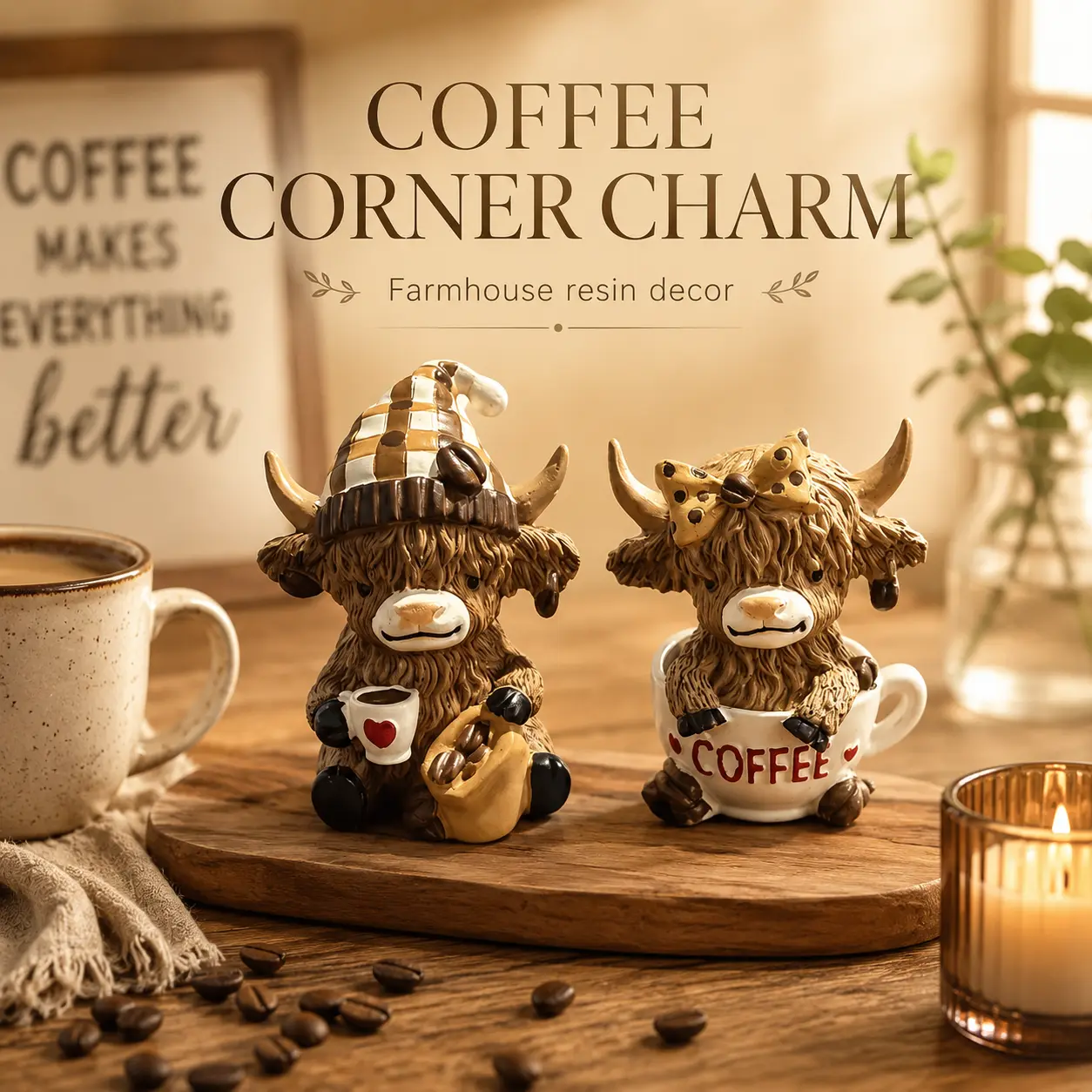 New Coffee-Colored Highland Cow Decorative Home Ornament - Compact Desktop Figurine, Resin Sculpture, Table Desk Ornament, Ideal Gift for Highland Cow Enthusiasts