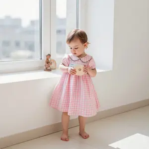 Toddler Girl Summer A Line Dress Plaid Print Doll Collar Short Sleeves Golf Cart Embroidery Dress