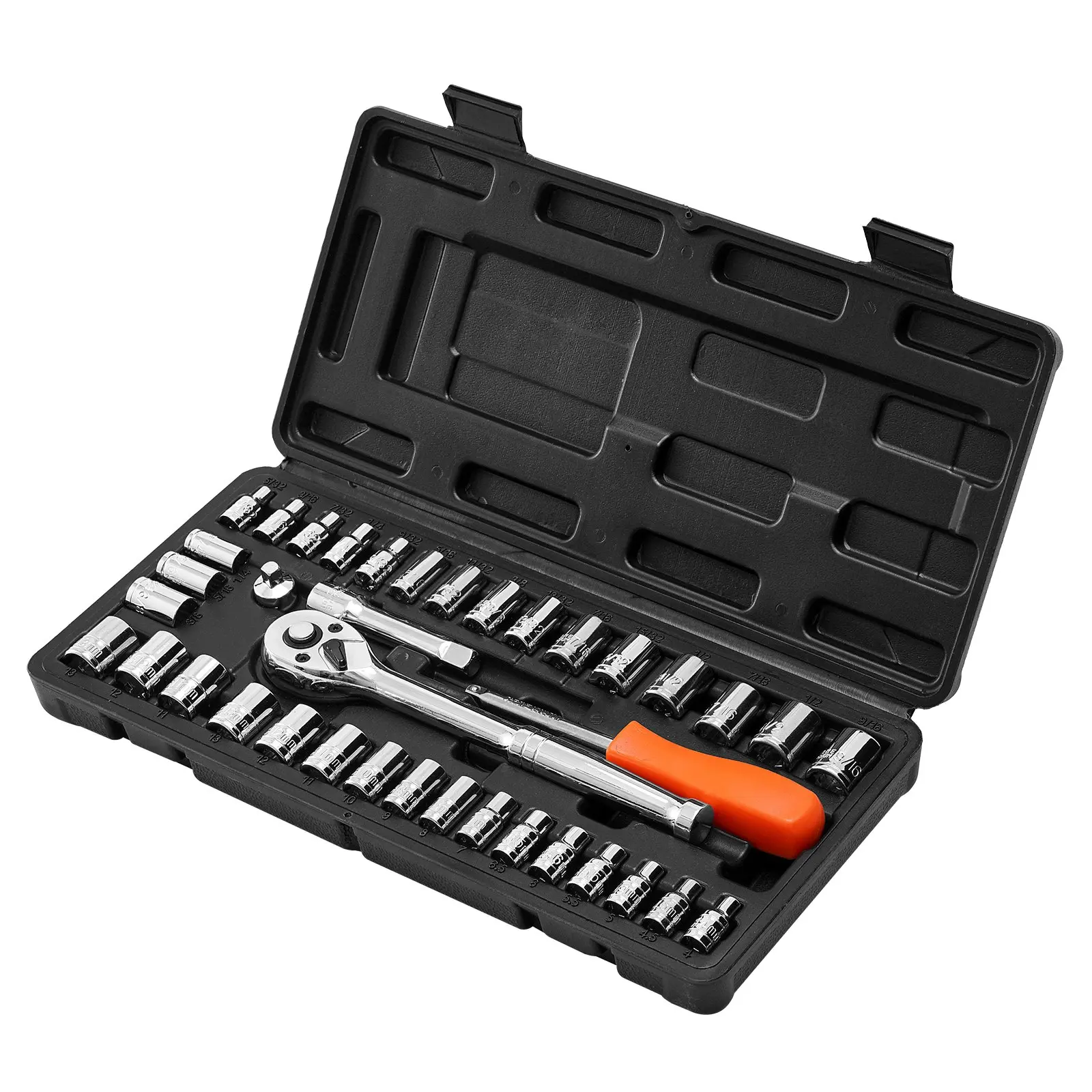 VEVOR 39-Piece Socket Combination Tool Set, 3/8 & 1/4 in Drive 6-Point Metric/SAE Sockets, Impact Ratchet, CR-V Alloy Steel Mechanic Kit with Wrench, Accessories & Storage Case for Automotive Repair