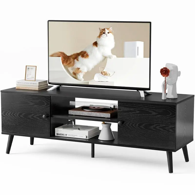 FurnishFlex Modern TV Stand - Television Console Table for 55, 60 in TVs with 2 Storage Cabinets & Open Shelf, Stable on Uneven Floors, Adjusts to Uneven Surfaces, Wood Media Table for Living Room, Bedroom, Tv Stand Living Room