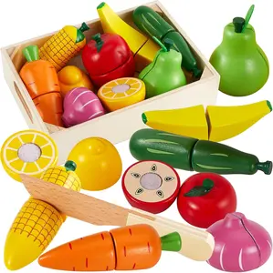 Wooden Play Food Set for Toddlers Cutting Fruits & Veggies Toy, Pretend Play Kitchen Set, Montessori Educational Toys for 1‑3 Year Old Boys & Girls – Kids Gifts for 18+ Months