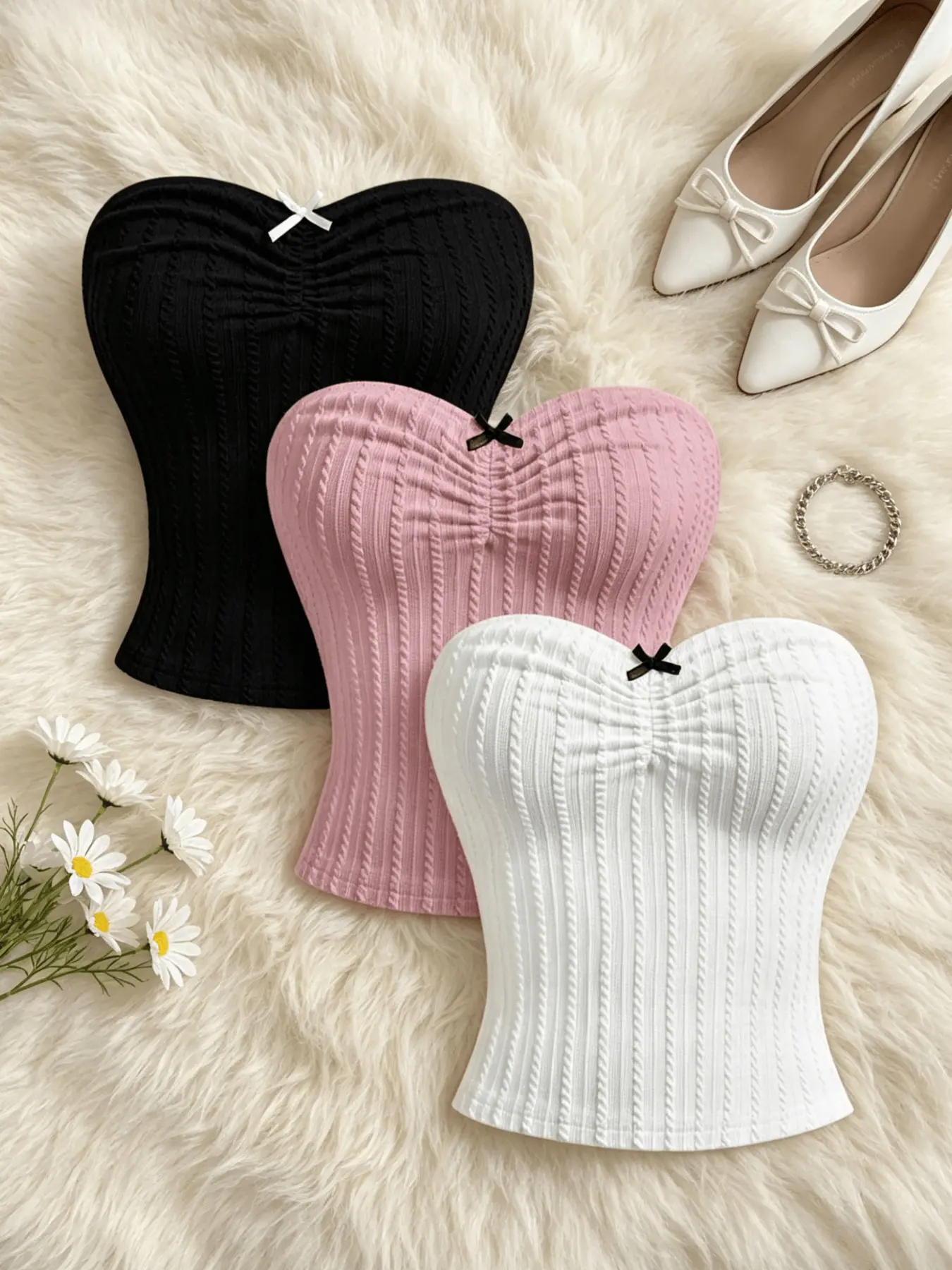 New European and American Style Bustier Ruched Bow Vest for Women, Waist Cinch Slimming Hot Girl Top, Three-Piece Set